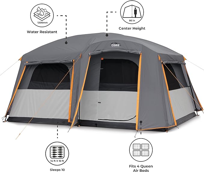 CORE Tent for Family Camping | 10 Person / 11 Person / 12 Person Large Multi Room Cabin Tents for Car Camping & Outdoor Adventures