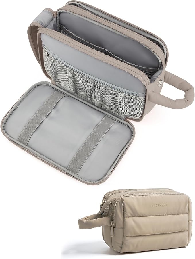 BAGSMART Travel Toiletry Bag for Women, Puffy Cosmetic Makeup Bag Organizer, Large Wide-open Travel Organizer for Toiletries, Dopp Kit Water-resistant Makeup Case for Accessories-Camel