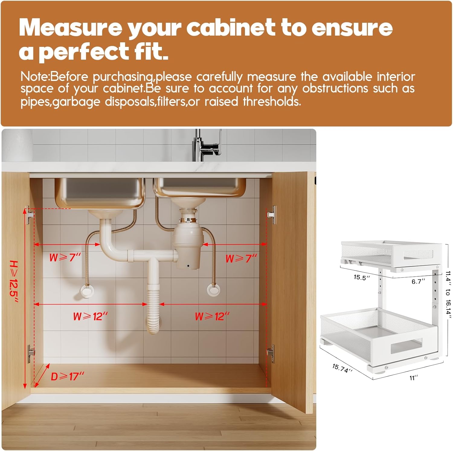2-Pack Under Sink Storage Organizer, Large 2-Tier Elegant Mesh Pull Out Shelf for Kitchen and Bathroom Cabinet Organization, L-Shaped and Adjustable Height Design for Maximum Space Efficiency-White