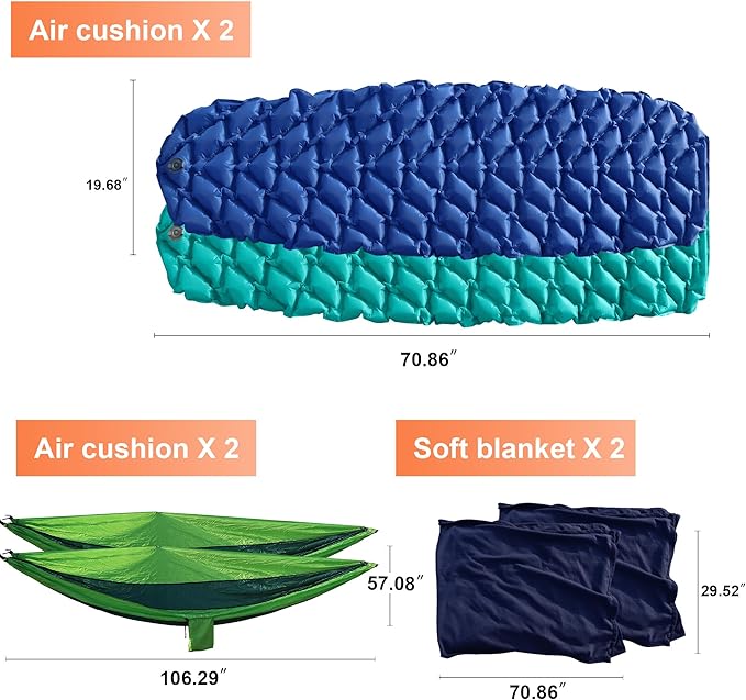 9-Piece Camping Tent Kit - 1 Dome Tent (2 or 3 Person), 2 Sleeping Bags, 2 Air Mattresses, 2 Single Camping Hammocks, 2 Blankets