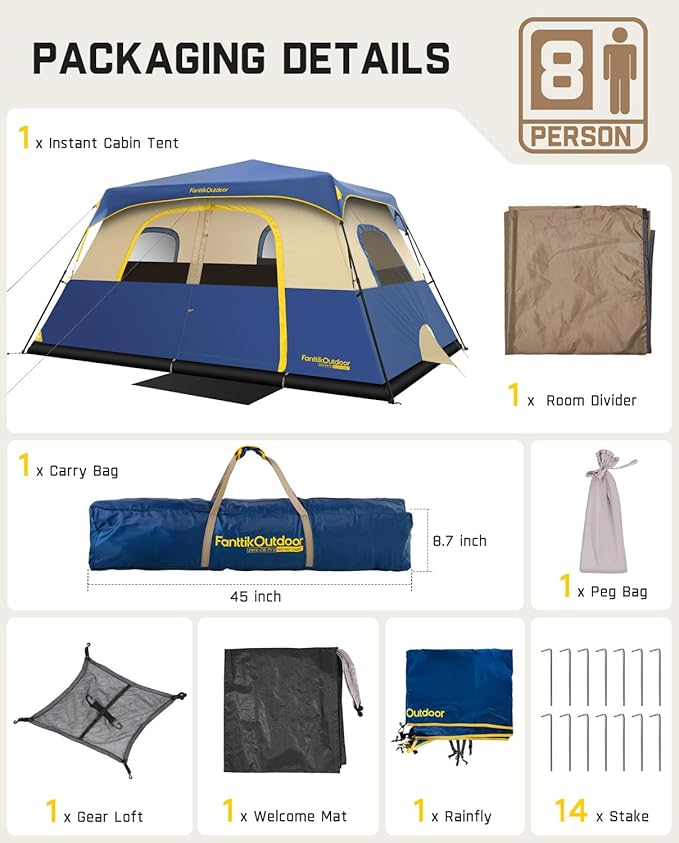 FanttikOutdoor Camping Tent 4/6/8/10 Person Instant Cabin Tent Setup in 60 Seconds with Rainfly & Windproof Portable with Carry Bag for Family Camping & Hiking, Upgraded Ventilation