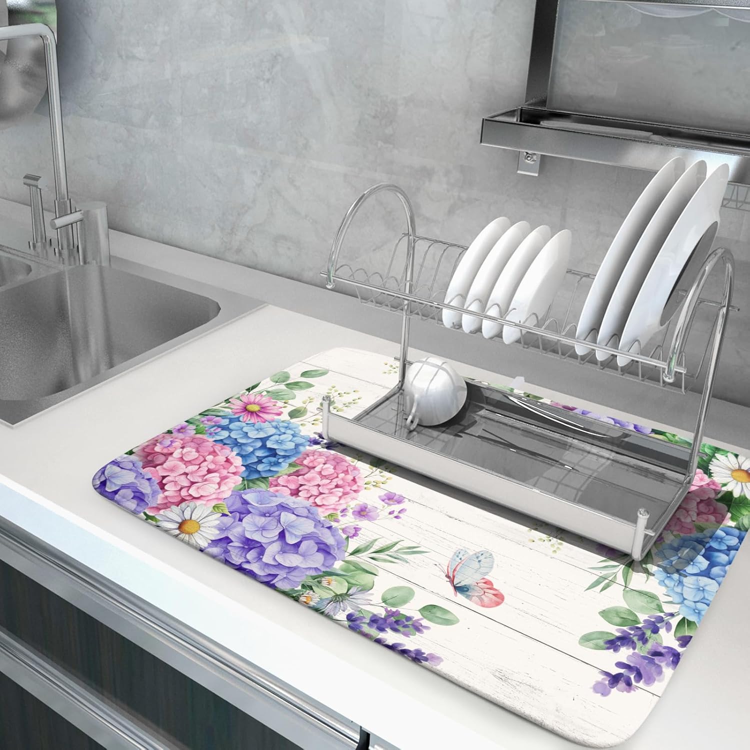 Hydrangea Floral Dish Drying Mat 18x24 inch Spring Summer Decorative Fast Dry Dishes Draining Mats Absorbent Microfiber Drainer Rack Pad
