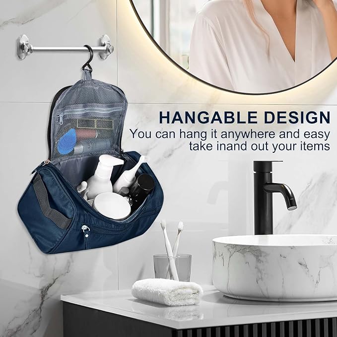 Hanging Toiletry Bag for Women and Men Traveling Makeup Large Capacity Cosmetics Portable Dopp Kit Storage Organizer Bag with Hanging Hook for Toiletries Brushes (Dark Blue)