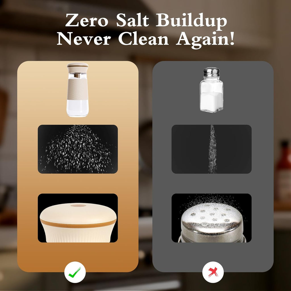 2-in-1 Salt Shaker, Glass Salt and Pepper Shakers Set with 1g Measuring Spoon, 2PCS Salt Pepper Containers Farmhouse Cute Salt Shakers for Kitchen, Easy Filling