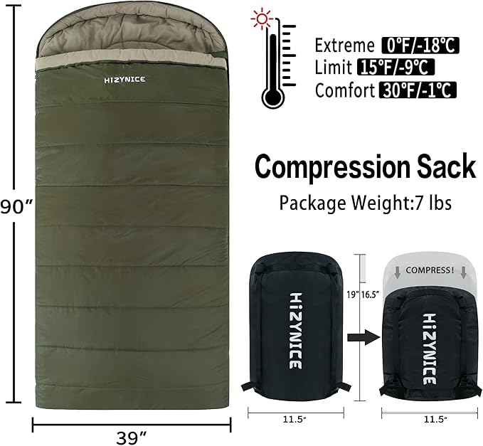 0 Degree Sleeping Bag 100% Cotton Flannel XXL for Adults Big and Tall Cold Weather Winter Zero Degree Camping,Free Compression Sack