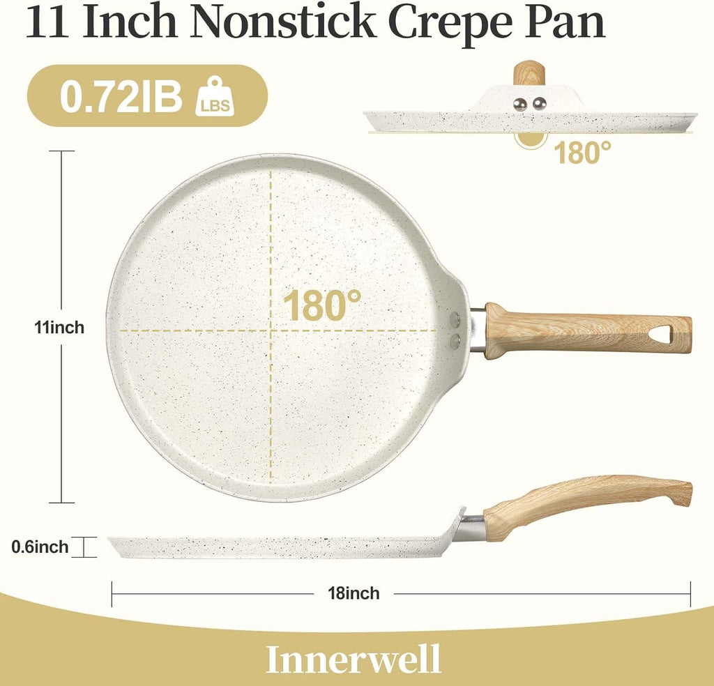 11 inch Nonstick Crepe Pan, Granite Coating Flat Skillet Dosa Tawa Tortilla Pan, White Large Pancake Griddle Comal Pan, Compatible with All Stovetops, PFOA Free