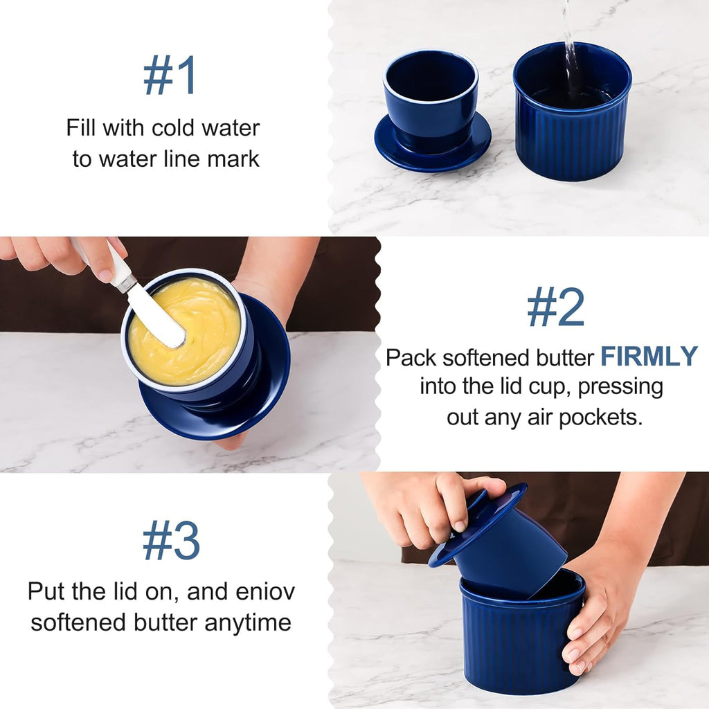 Large Butter Crock Bell for Counter with Water Line, Butter Keeper, Ceramic French Butter Dish Holder for Fresh Spreadable Soft Butter (Blue, 8 Ounce)