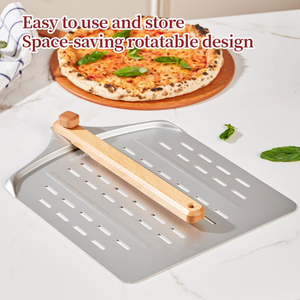 15x12 Inch Pizza Stone & 12 Inch Rotatable Pizza Peel Set, Baking Stone with Non-Stick Aluminum Peel, Spatula with Beech Wood Handle, Cordierite Bread stone for oven