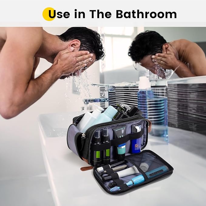 Vorspack Travel Toiletry Bag for Men - Canvas Dopp Kit Water Resistant Skincare Bag Large Shaving Bag for Bathroom Toiletries Accessories Gifts - Black