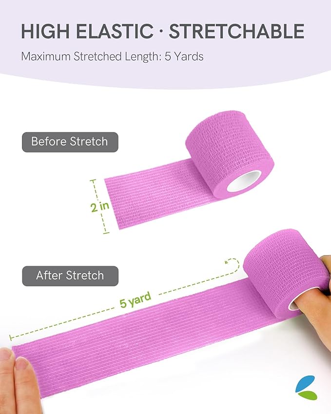 FriCARE Self Adhesive Bandage Wrap, Medical Tape in First Aid Kit, Cohesive Bandages for Wounds Sport Vet, FSA/HSA Eligible, 2 Inches X 5 Yards 6 Rolls, Fluorescent Purple