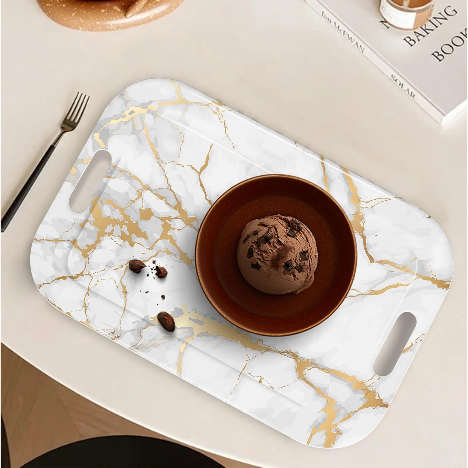 Serving Trays with Handles, 14.5 x 9.8 inch Rectangular Plastic Tray for Restaurant, Kitchen, Golden White Marble