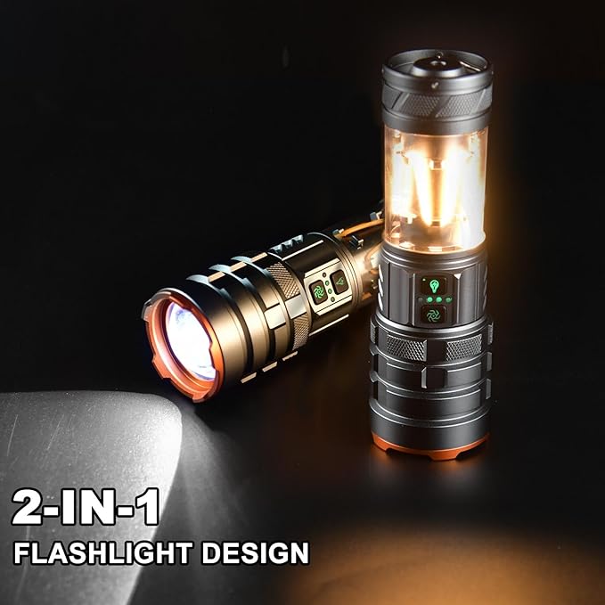 2 in 1 Rechargeable Flashlight 5000mAh All Aluminum Body Camping Lantern True 5000 Lumens Outdoor Camping Light , Zoomable LED Flash Light with Electric Lantern Failure Emergency Survival Kits