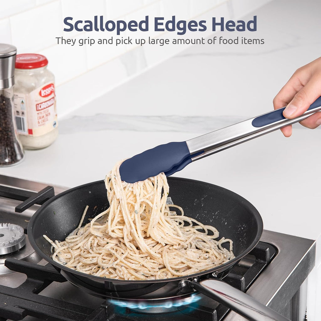 600ºF Heat Resistant Kitchen Tongs: U-Taste 9+12 inch Silicone Cooking Tong Set with Firm Sealed Non Stick Rubber Tips and Silicon Coated 18/8 Stainless Steel Handle for Serving Grilling-Midnight Blue