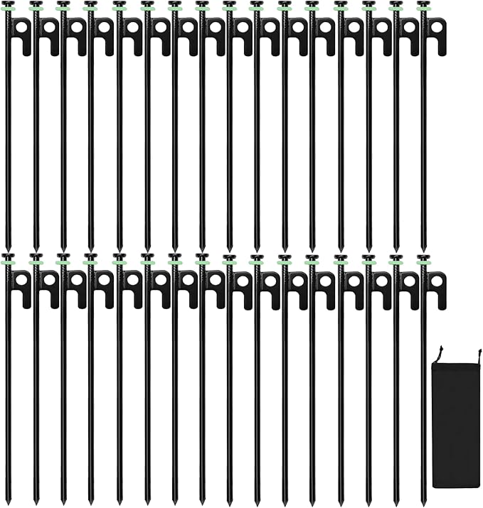 32Pcs Tent Stakes, 12in Heavy Duty Tent Stakes with Storage Pouch, Forged Steel Tent Sakes Metal, Metal Stakes for Tent Used on Grassland, Snowfield, Dessert(32Pcs, 12in, Diameter 1/4")