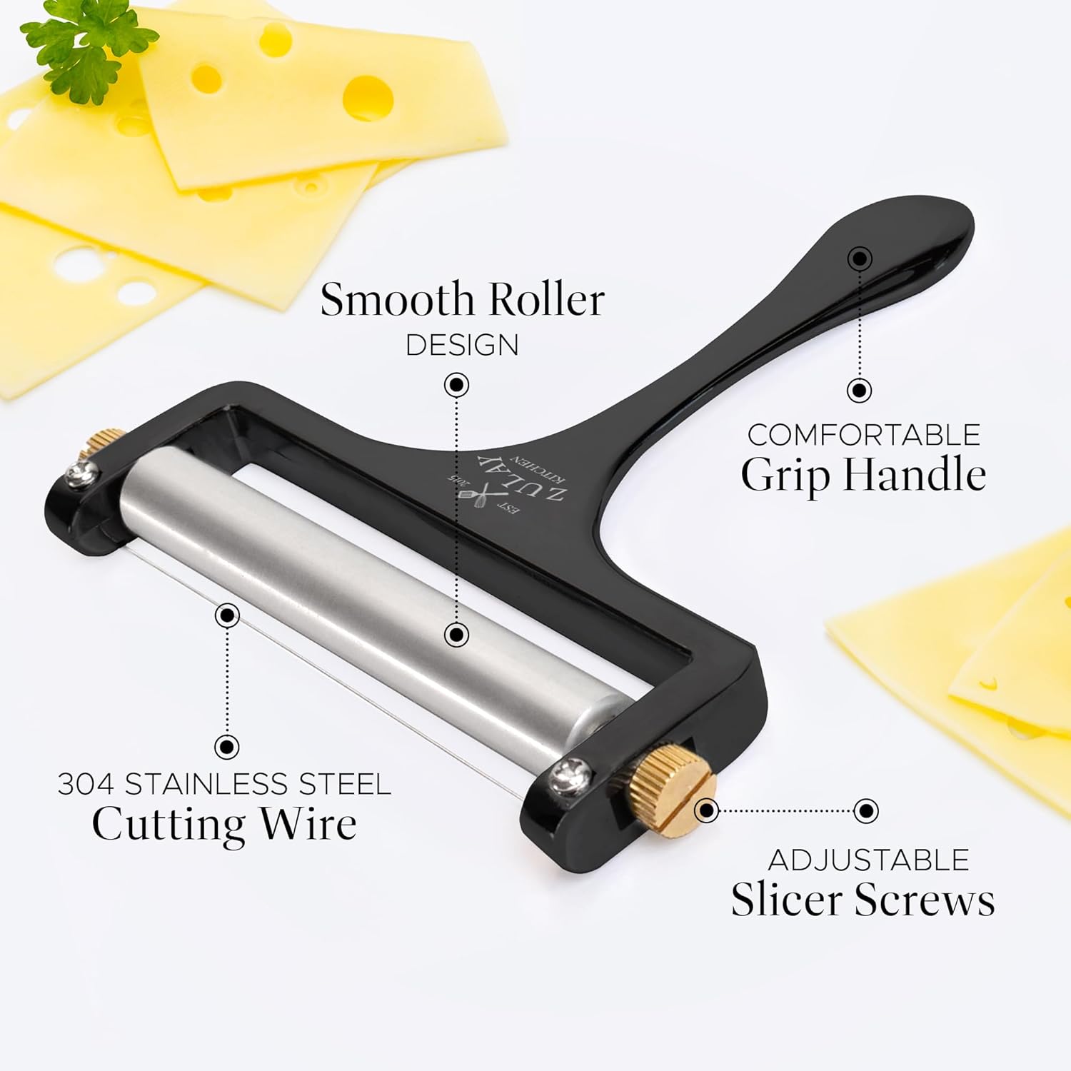 Zulay Kitchen Stainless Steel Wire Cheese Slicer - Adjustable Hand Held Cutter with 2 Extra Wires - Premium Cheese Shaver For Mozzarella, Cheddar, Gruyere - Black