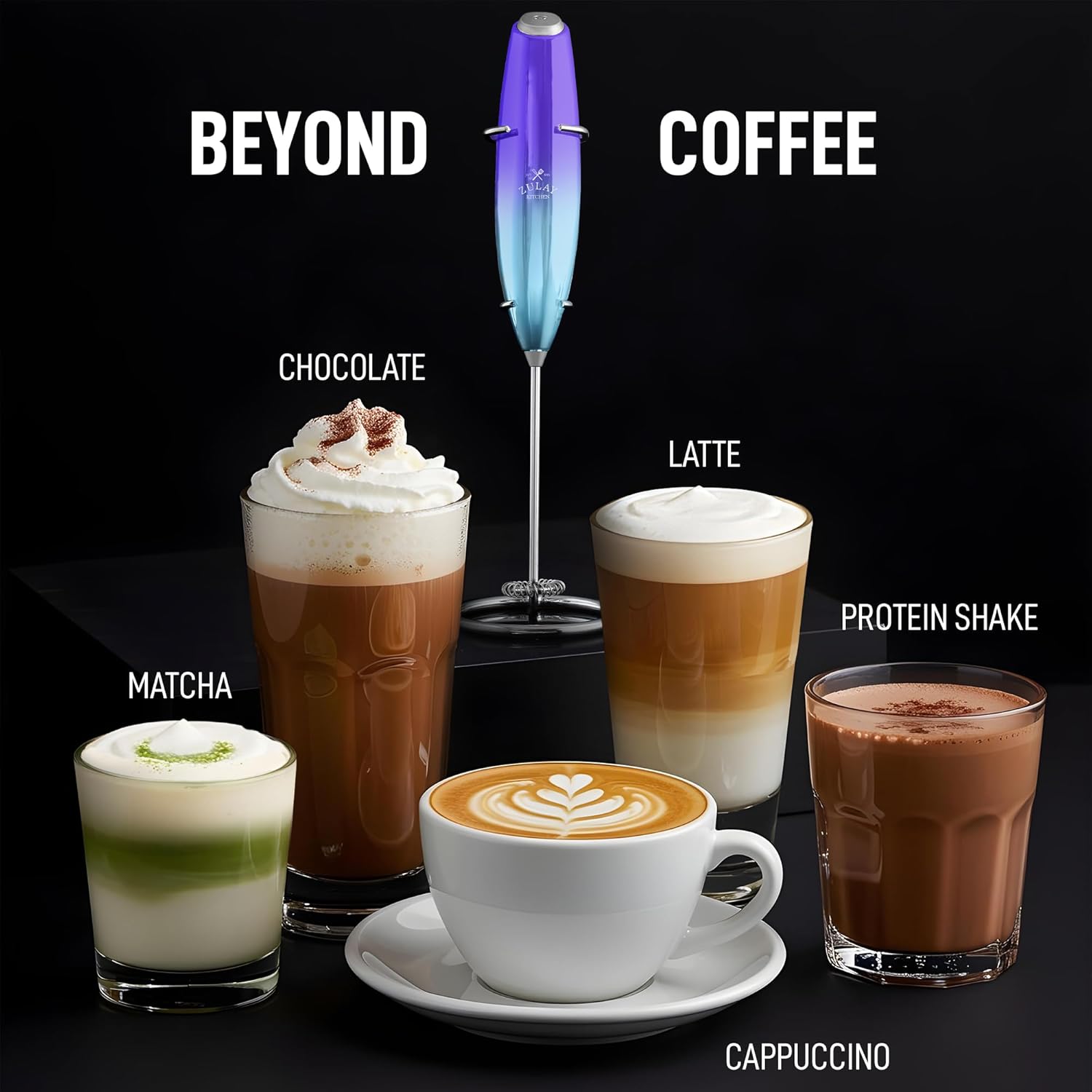 Zulay Executive Series Ultra Premium Gift Milk Frother - Coffee Frother Handheld Foam Maker For Lattes - Electric Milk Frother Handheld For Coffee - Purple Teal Fade w Silver OG Stand