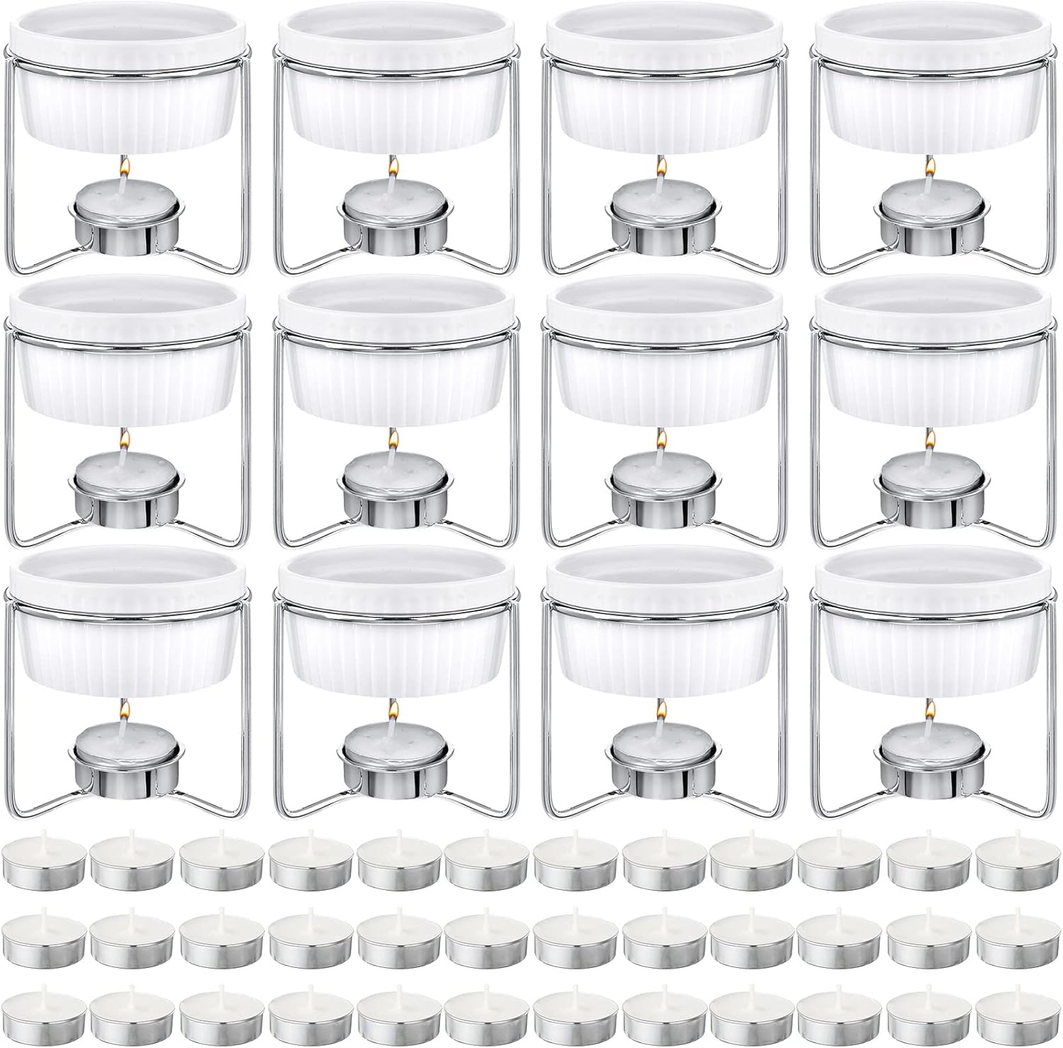 60 Pcs Ceramic Butter Warmers Set, Include 12 Butter Warmers for Seafood Melter with Stands, 48 Tea Light Candles Food Warmer Candle for Fondue Chocolate Dishwasher Microwave Oven Safe