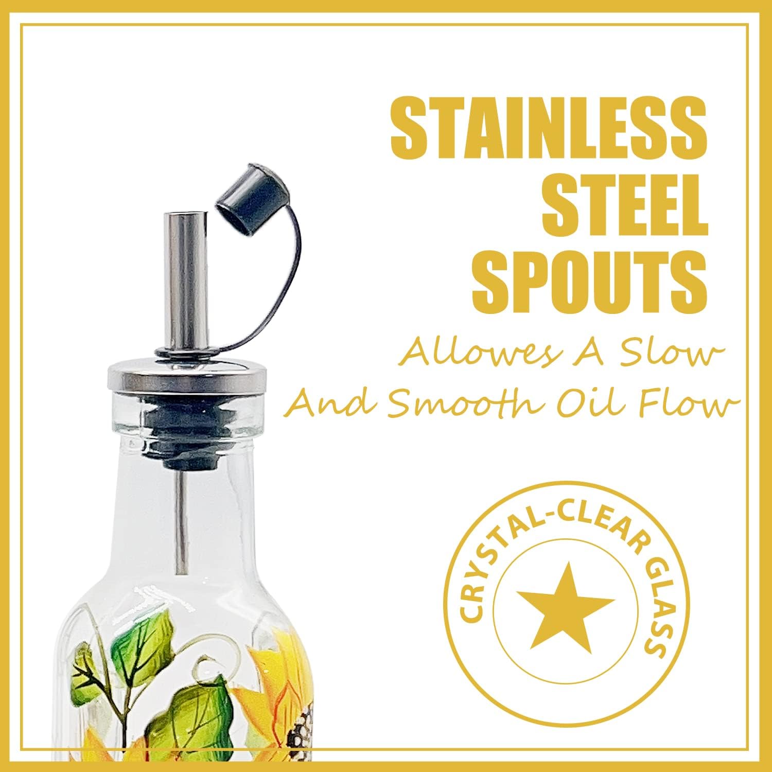 7oz Hand Painted Glass Olive Oil Bottle Dispenser - 200ml Green Oil & Vinegar Cruet with Pourers - Olive Oil Carafe Decanter for Kitchen (Sunflower)