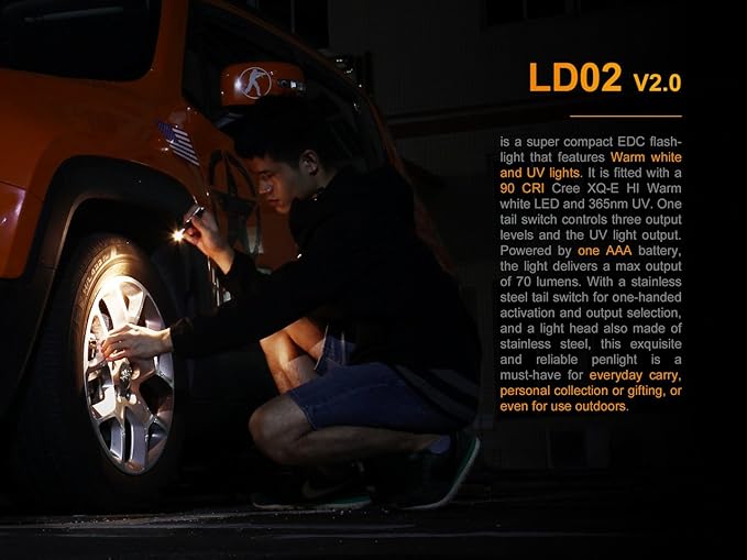 Fenix LD02 V2.0 70 lumen neutral white/UV pen-type LED flashlight bundle with AAA EdisonBright battery