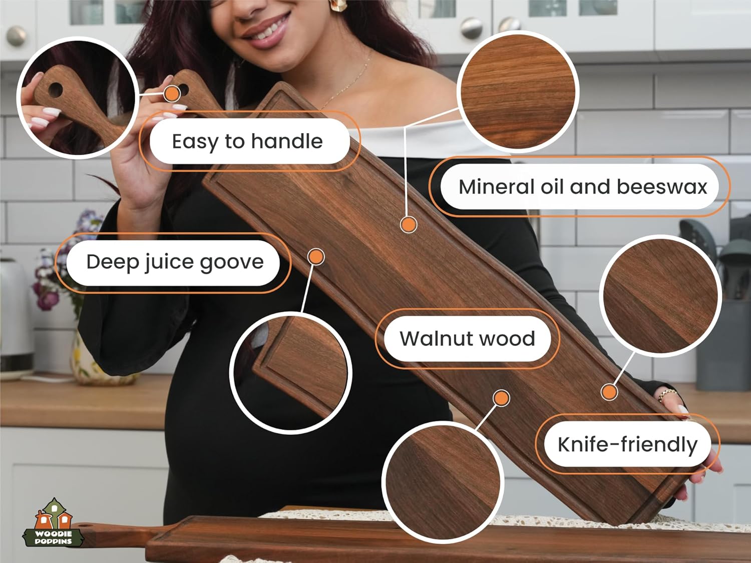 Elegant Walnut Wood Long Serving Board with Handle - Charcuterie Wooden Board - Stylish Versatility for Culinary Delights - Reversible with Juice Groove - 27.6x6.3x0.8 in - Woodie Poppins (Medium)