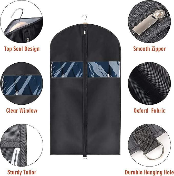 Univivi Garment Bag Suit Bag for Storage and Travel 43 inch, Washable Suit Cover for T-Shirt, Jacket, Suits, Coats, Set of 12, Oxford Fabrics