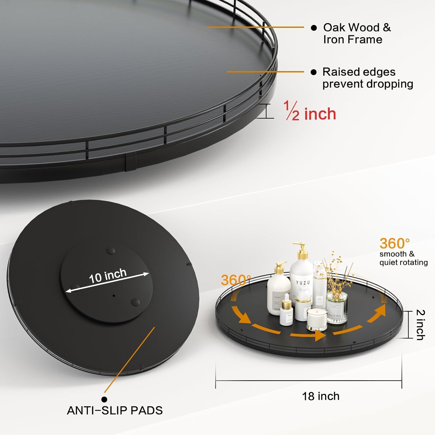 18" Oak Wooden Lazy Susan Turntable for Dining Table, Large Round Lazy Susans Organizer for Kitchen Countertop, Tabletop 360°Rotating Tray for Spice Organization and Storage Black Home Decor