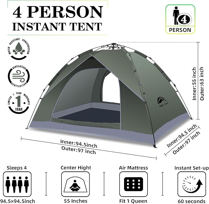 Happy Travel 1/2/3/4 Person Camping Tent, Instant Easy Pop Up Tents for Camping,Automatic Waterproof Family Camping Tent, Easy Set Up Tent,Portable Windproof Dome Tent for Camping Hiking & Traveling