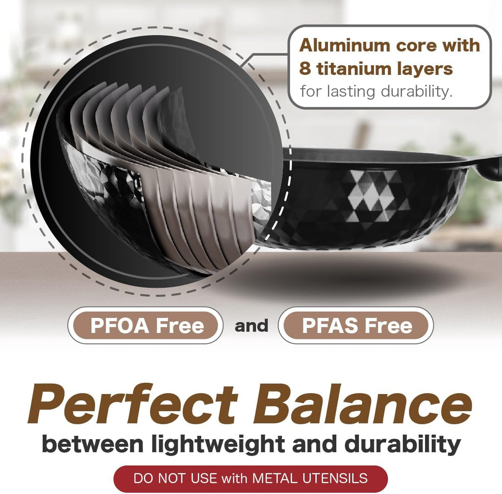 Diamond X Premium Non Stick Wok Pan - 11" Large Flat Bottom Chinese Wok - Woks & Stir-fry Pans Nonstick - Titanium-Coated 8-Layered Korean Engineered Skillet for Frying, Oil-Free, PFOA-Free