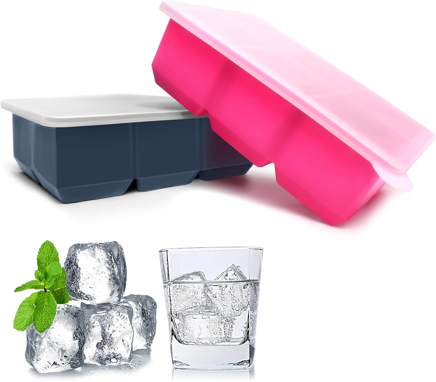 Silicone Ice Cube Trays with Lids,Large Square Ice Cube Molds for Freezer, Whiskey, Cocktail, Stackable Flexible and Reusable & Easy Release BPA Free (2 Pack&Dark Gray and Rose)