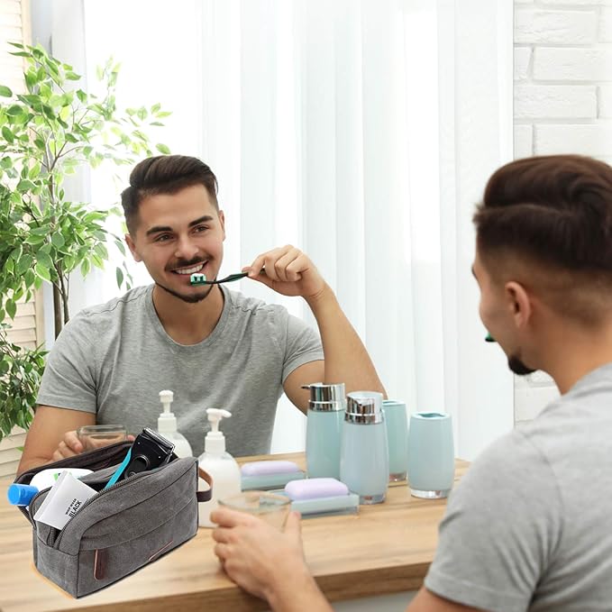 Mactso Mens Travel Toiletry Bag Canvas Leather Cosmetic Makeup Organizer Shaving Dopp Kits with Double Compartments (Gray)