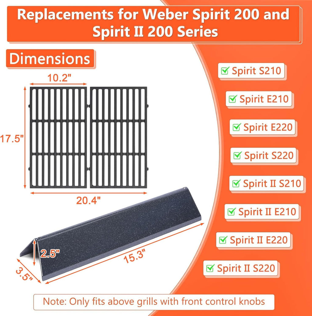 QuliMetal 7635 7637 Grill Replacements for Weber Spirit E-210, Spirit 200, GS4 Spirit II 200, Spirit II E-210 Series Grills with Front-Mounted Control, 15.3" Flavorizer Bars & 17.5" Grates