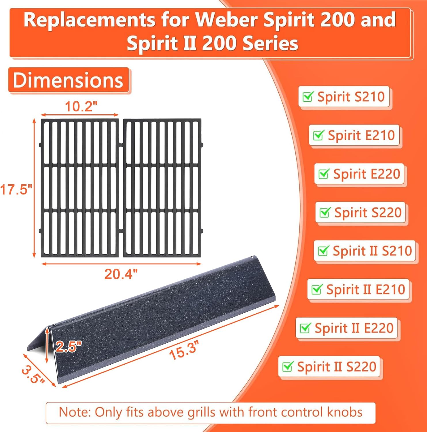 QuliMetal 7635 7637 Grill Replacements for Weber Spirit E-210, Spirit 200, GS4 Spirit II 200, Spirit II E-210 Series Grills with Front-Mounted Control, 15.3" Flavorizer Bars & 17.5" Grates