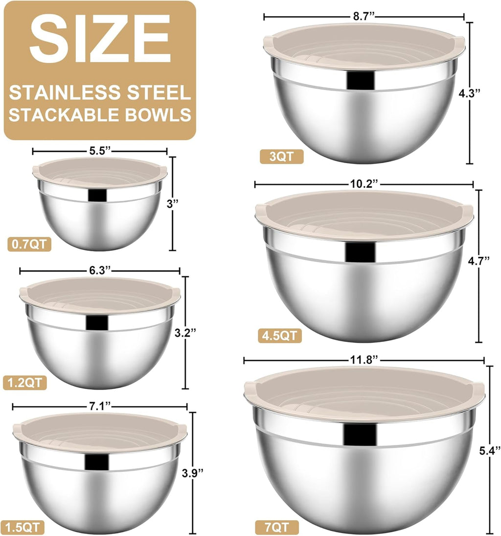 E-far Mixing Bowls with Lids, 12-Piece Stainless Steel Salad Bowls Metal Nesting Bowls for Baking Cooking and Prepping, Airtight Lids & Stackable Design, Size 7, 4.5, 3, 1.5, 1.2, 0.7 QT (Khaki)