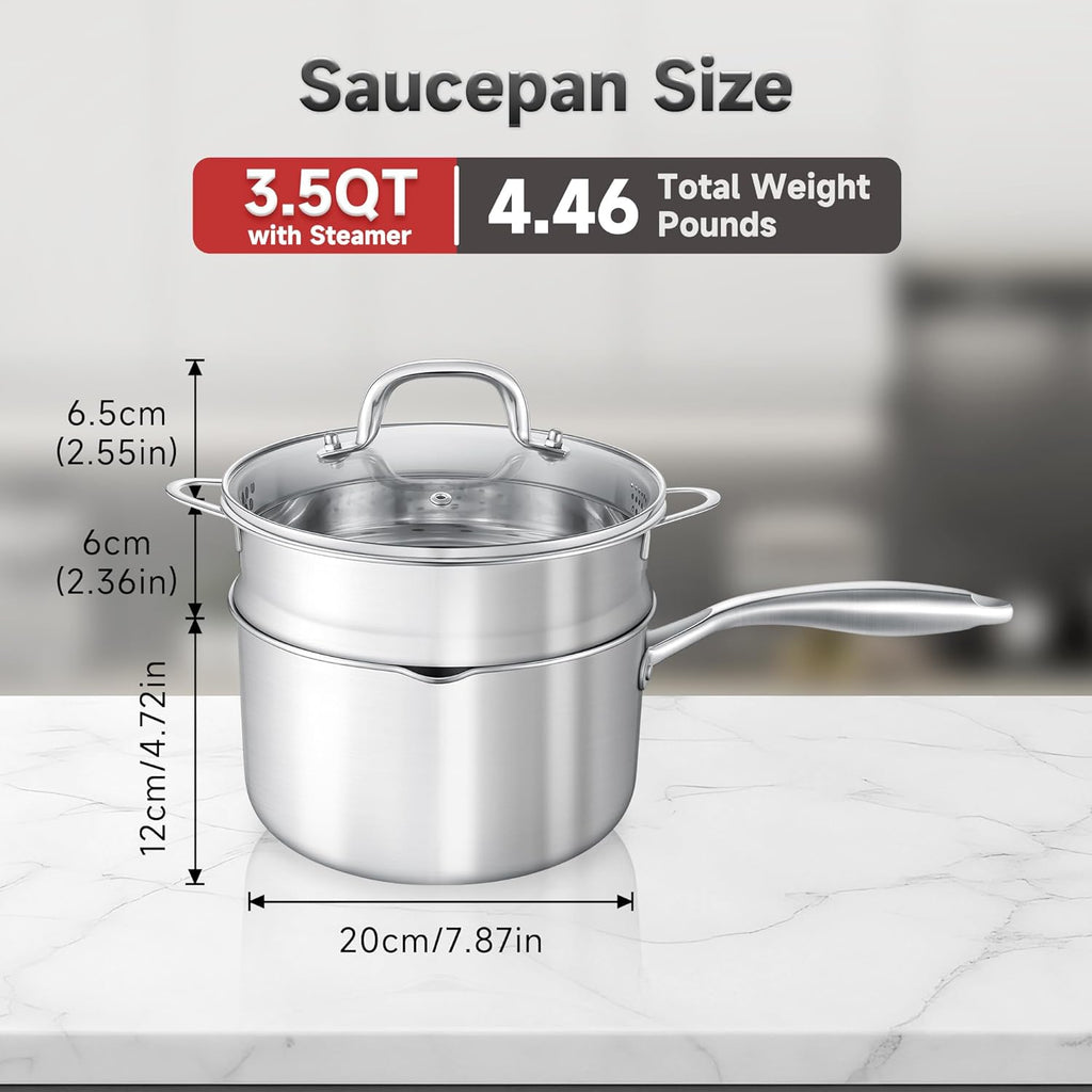 3.5 Quart Stainless Steel Saucepan with Steamer Basket, Tri-ply Full Body, Multipurpose Sauce Pot with Two-Size Drainage Holes Lid, Perfect For Boiling Gravies, Pasta, Noodles
