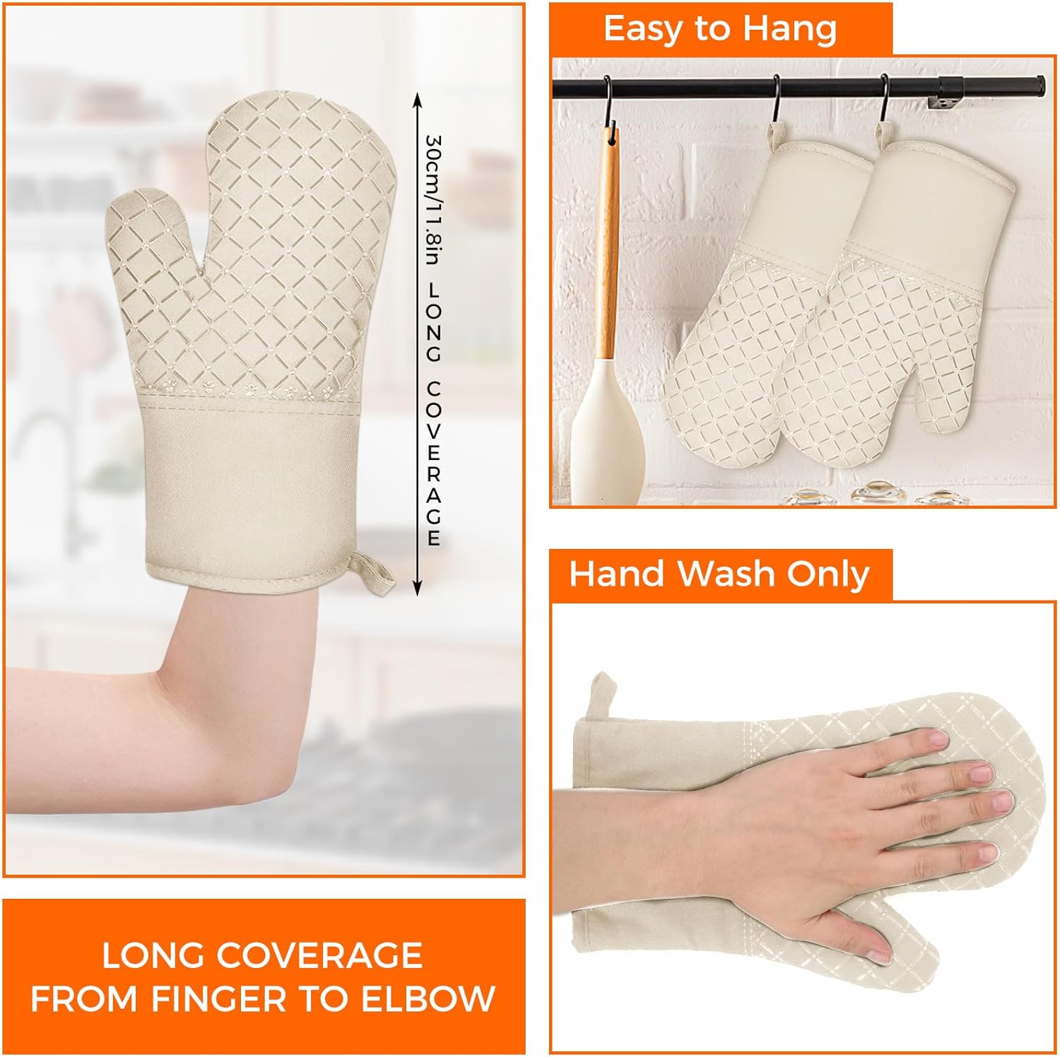 2 Pcs Oven Mitts for Kitchen Heat Resistant Oven Gloves, Soft Cotton Lining, Anti-Slip Silicone Stripe Oven Mitts Heat Resistant Oven Mits, Kitchen Mitt Pair Protect Hands, Cooking Baking Gloves Khaki