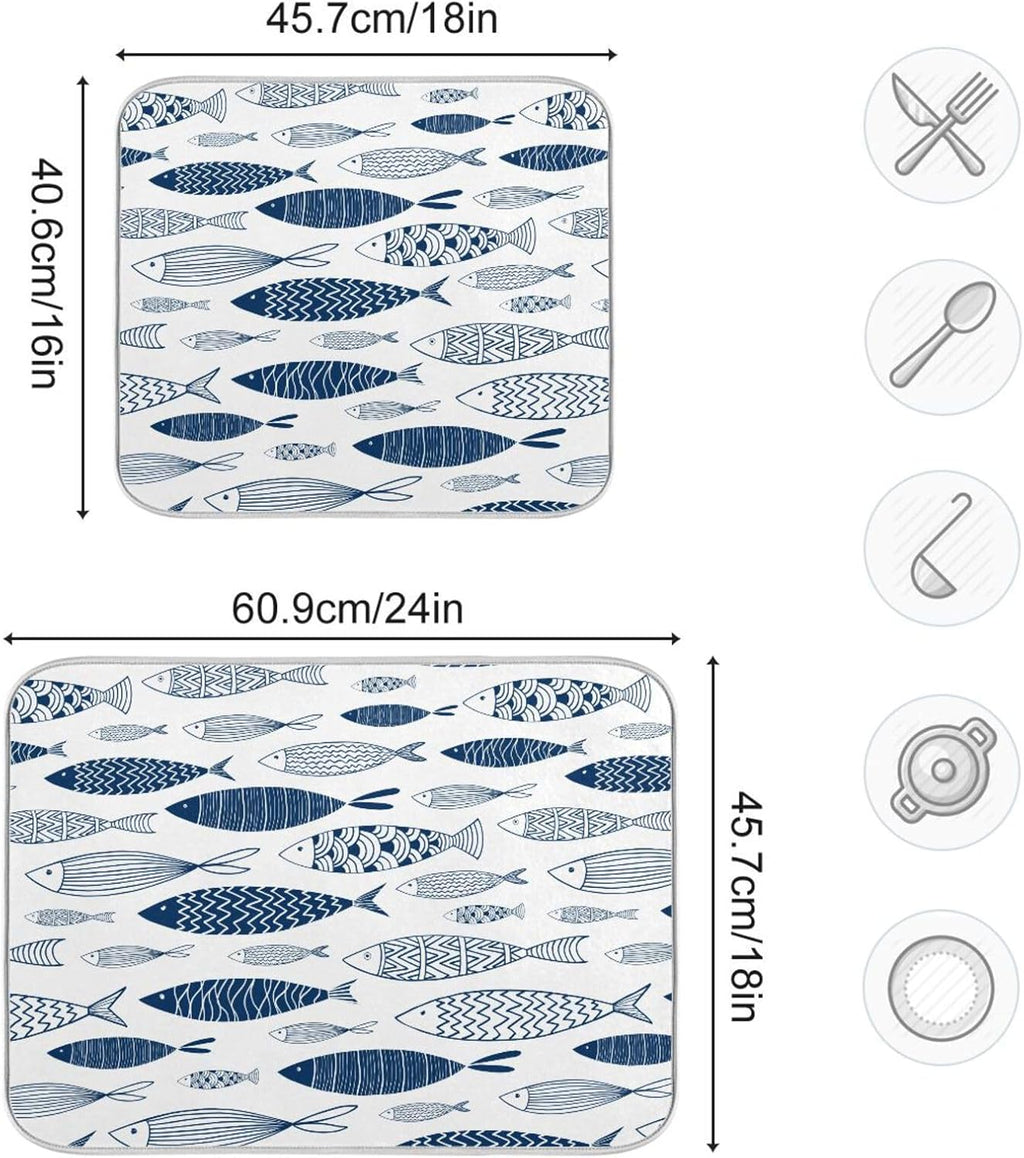 Cartoon Fish Dish Drying Mat for Kitchen Counter Absorbent Microfiber Drying Pad, Large 18x24 in, Reversible Drainer Mats
