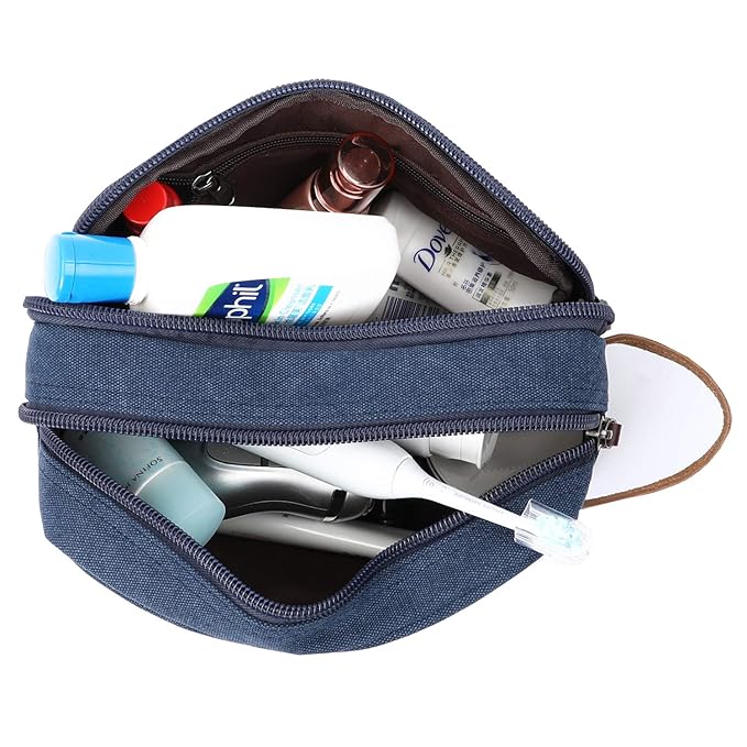 Mactso Mens Travel Toiletry Bag Canvas Leather Cosmetic Makeup Organizer Shaving Dopp Kits with Double Compartments (Blue 1)