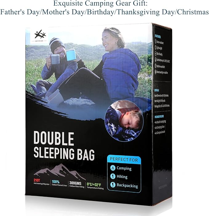 Double Sleeping Bag Flannel for Adults Kids, Queen Size for 2 Person with 2 Pillows, Warm & Cold Weather Sleeping Bag for Camping, Hiking, Waterproof Lightweight with Compression Sack