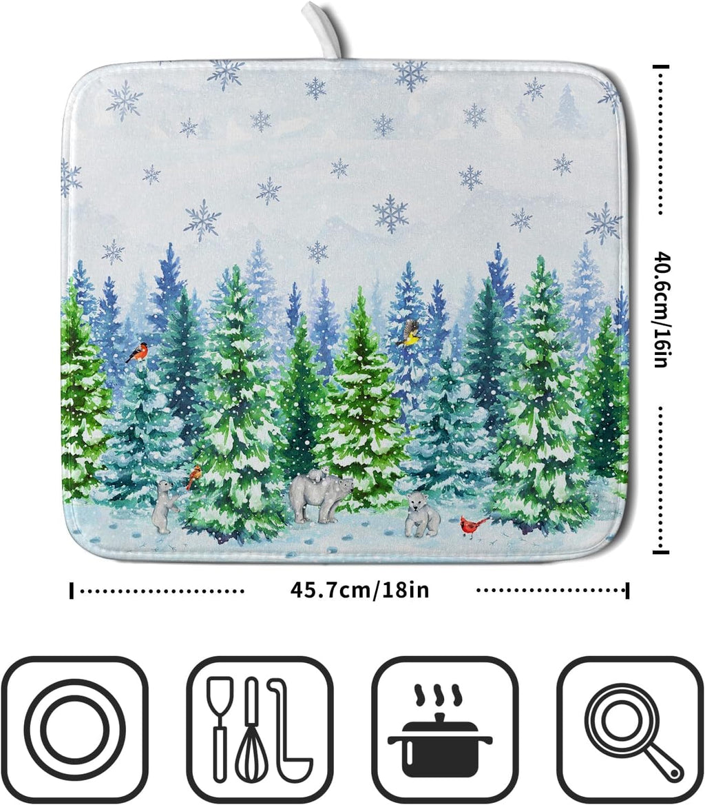 Watercolor Winter Dish Drying Pad Forest Kitchen Mat for Counter for Home Season Decor