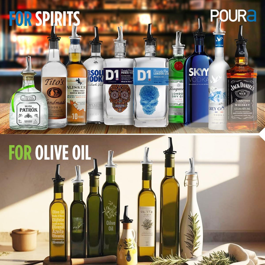 3-in-1 Liquor Bottle Pour Spouts with Built-in Fruit Fly Protection - Dishwasher Safe Hygienic Alcohol Pour Spouts - Also for Olive Oil, Juice, Syrup - Silver 2 Pack with 2 Adapters for Large Bottles