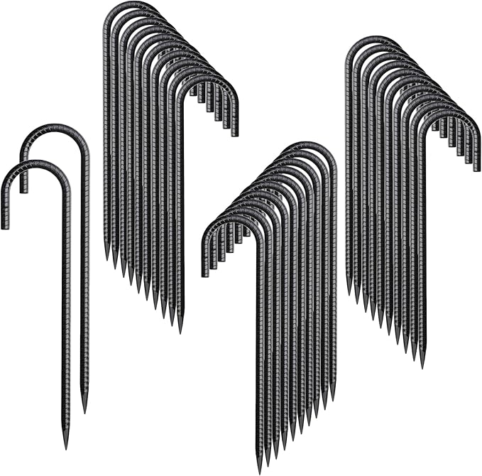 Rebar Stakes 12 Inch 10 Pack Tent Stakes Heavy Duty Metal J Hook, Fence Stakes for Trampoline, Fence, Camping Tent (32, J-12 x5/16 Black)