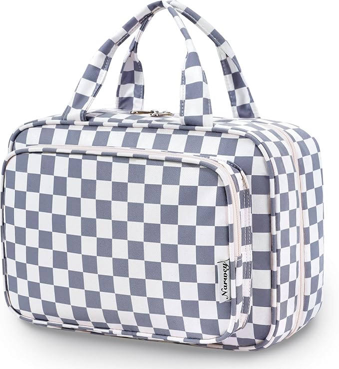 Narwey Travel Toiletry Bag for Women Large Hanging Makeup Bag Organizer Toiletries Bag for Full Size Essentials Accessories Cosmetics (Grayish Blue Checkerboard (Large))