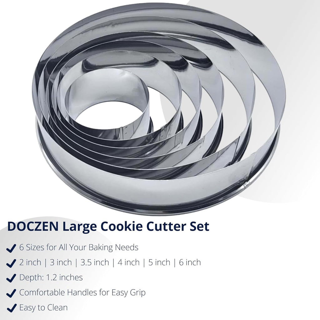 DOCZEN 6 PCS Round Cookie Cutter Set (2, 3, 3.5, 4, 5, 6 Inch) - Biscuit Cutters For Baking - Large Circle Cookie Cutters Variety Pack, Metal Stainless Steel, 6 Pack