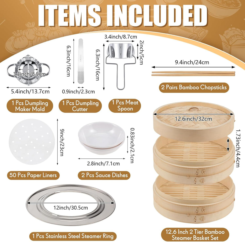Tessco for you 59 Pcs 2 Tier 12 Inch Bamboo Steamer Basket Set Including Bamboo Steamer Stainless Steel Ring Dumpling Maker Mold and Cutter Spoon 2 Pair Chopsticks 2 Sauce Dish 50 Paper Liners