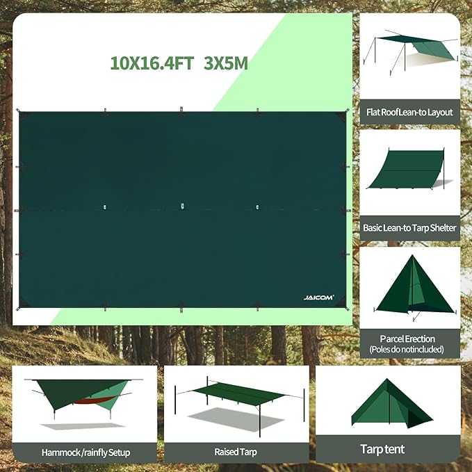 Waterproof Camping Tarp - 10X16.4ft Hammock Rain Fly, Ultralight & Portable & UV Protection Backpacking Tarp, Multifunctional for Outdoor Adventure, Hiking, Tent, Hammock