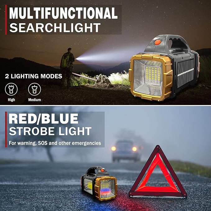 2-Pack Solar Flashlights High Lumens Rechargeable Outdoor Waterproof Spotlight LED Work Light Searchlight Lantern for Camping Emergencies