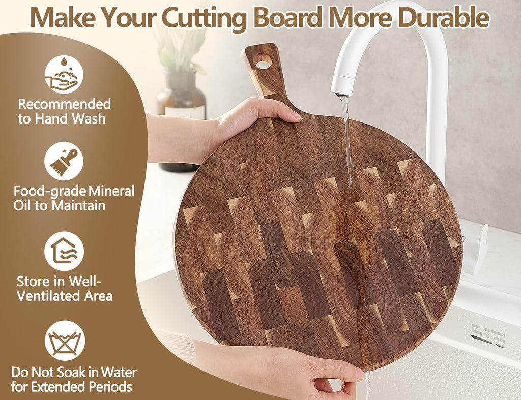 XINZUO Acacia Wood End-Grain Round Cutting Board with Handle for Kitchen Bread Pizza Cheese Fruit Charcuterie Serving Cutting Board, Two-sided Use, 16.7 x 12.5 x 0.75 inches