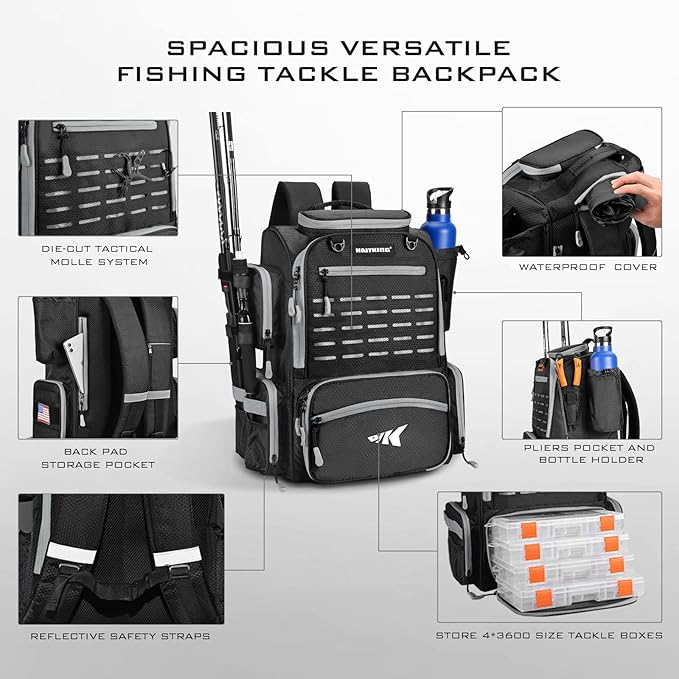 KastKing Bait Boss Fishing Tackle Backpack with Rod Holders-4 Tackle Boxes-Rain Cover,43L Large Storage for Fishing Gear