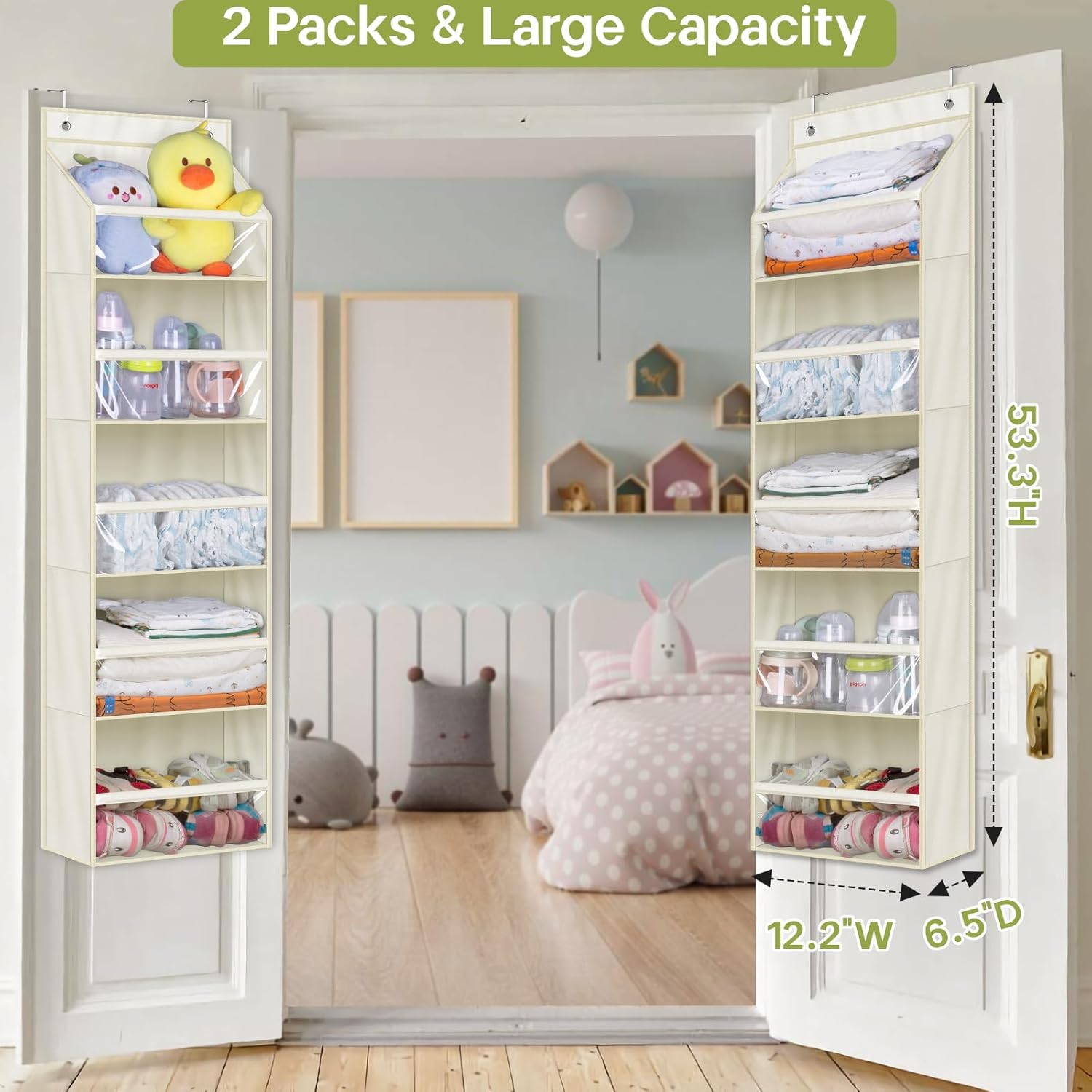 AOODA 2 Pack Over the Door Organizer, Large Capacity Closet Door Hanging Organizer, Clear Deep Pockets Baby Storage for Nursery, Bathroom, Bedroom, Pantry, Diapers (Light Yellow)