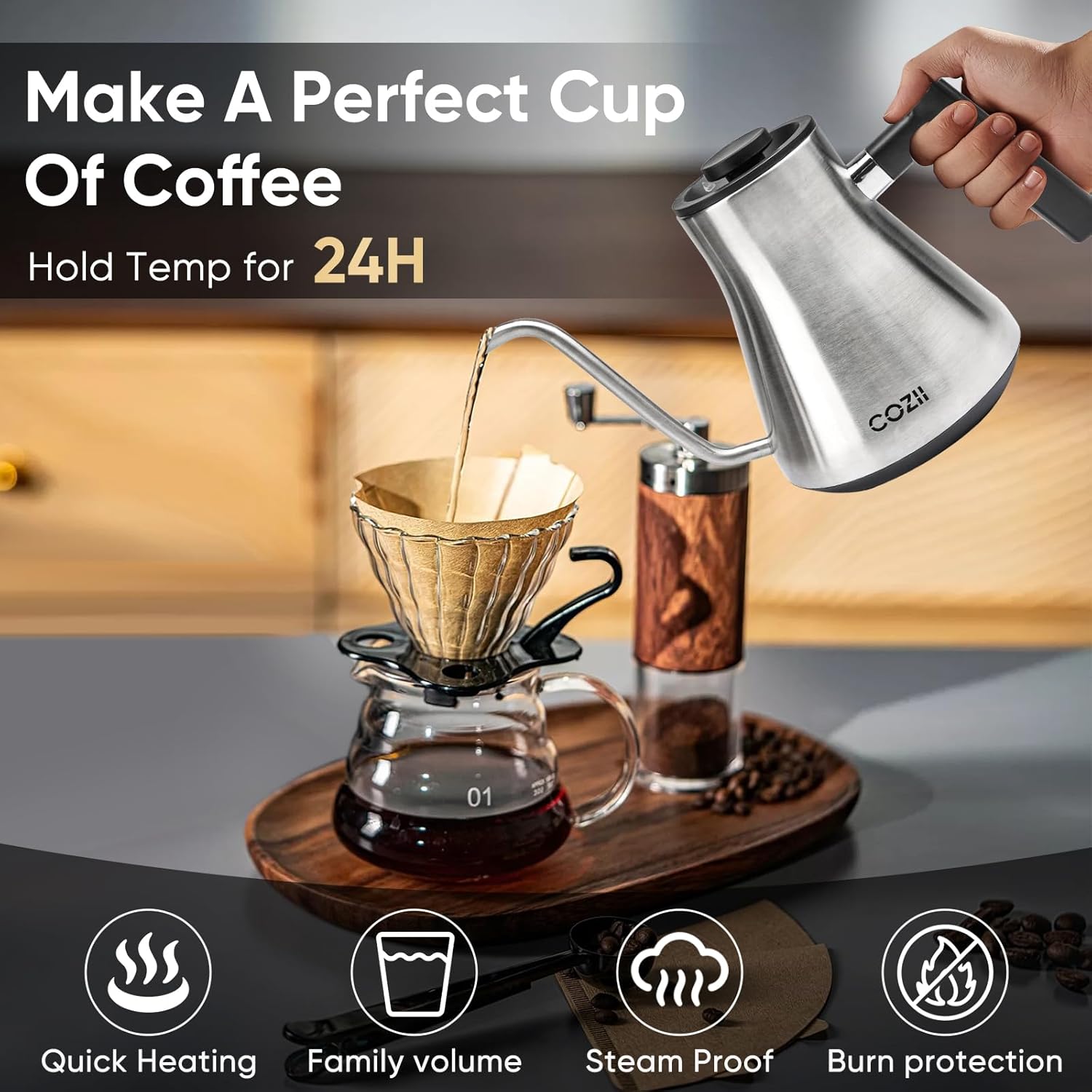 COZII Gooseneck Electric Kettle,5 Presets & ±1℉ Temperature Control 1200W Quick Heating Water Boiler for Coffee/Tea, 24H Keep Warm, Auto Shut Off Pour Over Kettle with 50pcs Coffee Filter,0.9L Silver